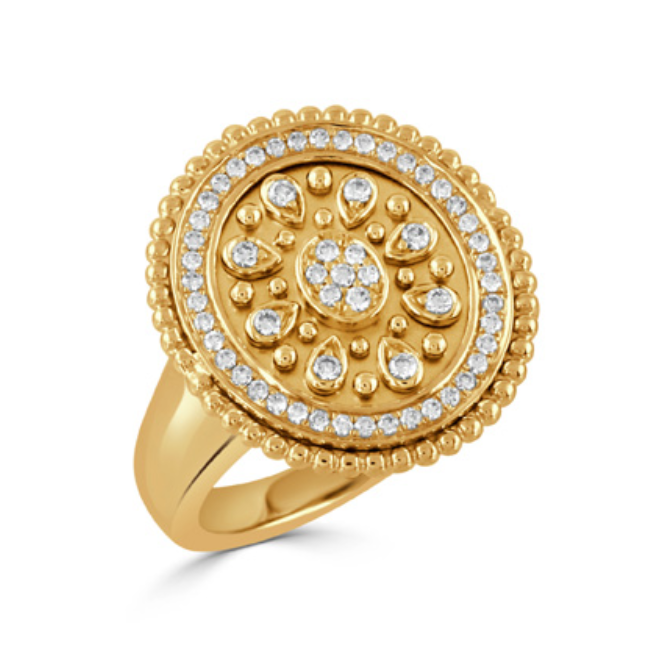 18k Yellow Gold 'Byzantine' Diamond Round Beaded Edge Ring (I9005)