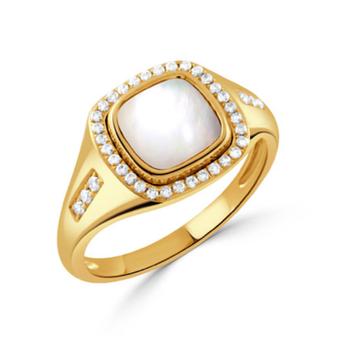 18k Yellow Gold 'White Orchid' Mother of Pearl/Clear Quartz Doublet & Diamond Ring (I9020)