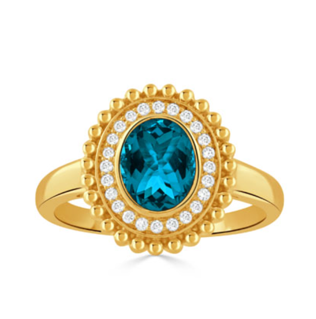 18k Yellow Gold 'Justinian' London Blue Topaz & Diamond Oval Beaded Edge Ring (I8999)