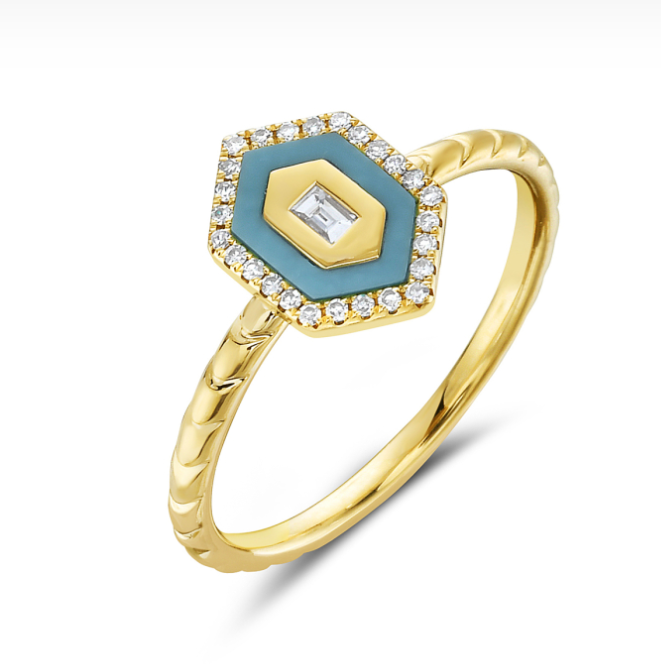 14k Yellow Gold Elongated Hexagon Turquoise & Diamond Textured Ring (I8635)