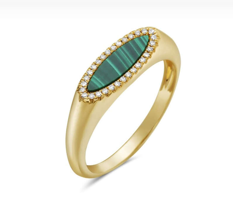 14k Yellow Gold Marquise Malachite & Pave Diamond Ring (I9609)