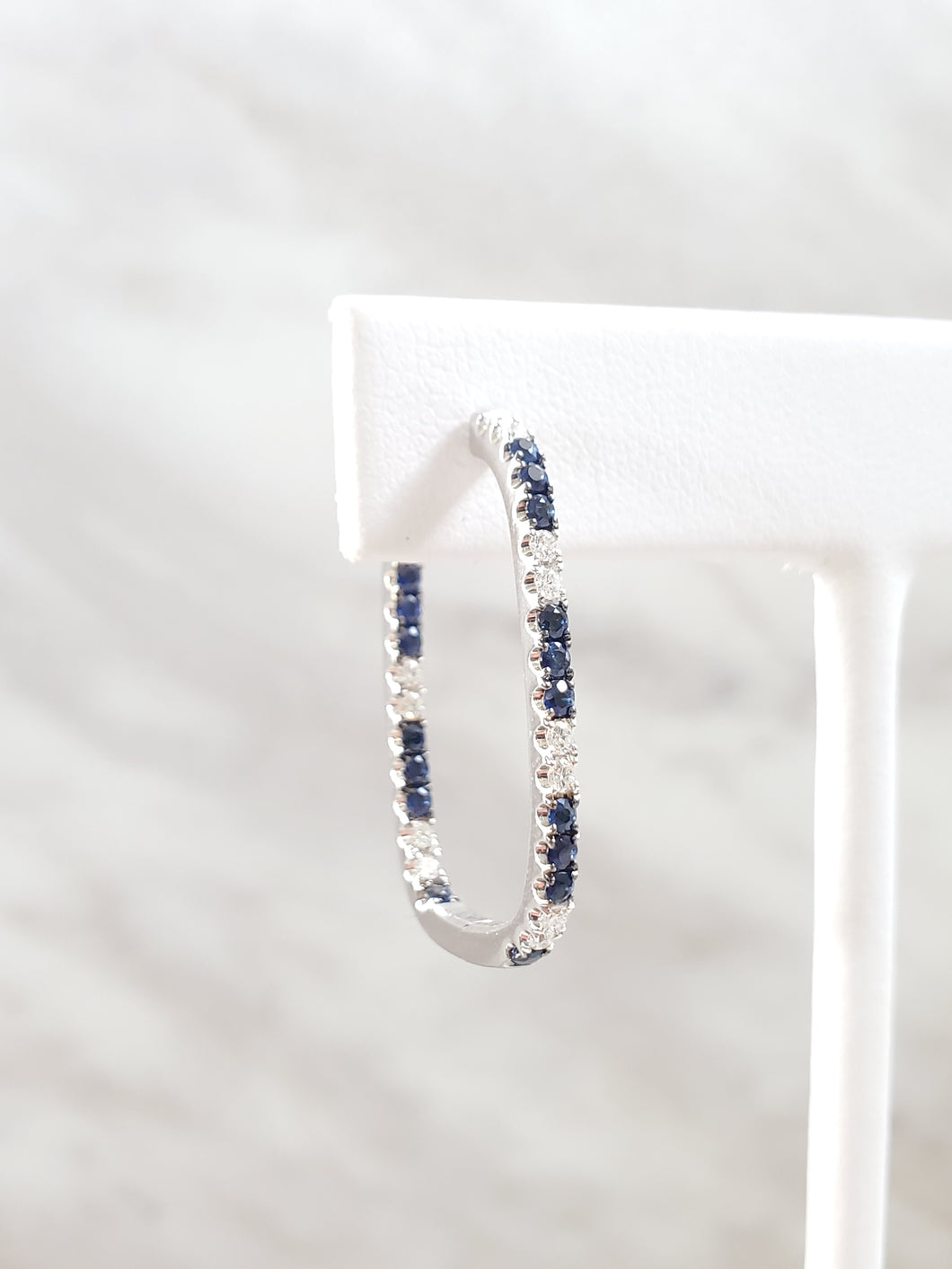 14k White Gold Diamonds & Sapphires Rectangle Inside Out Hoop Earrings (I9668)