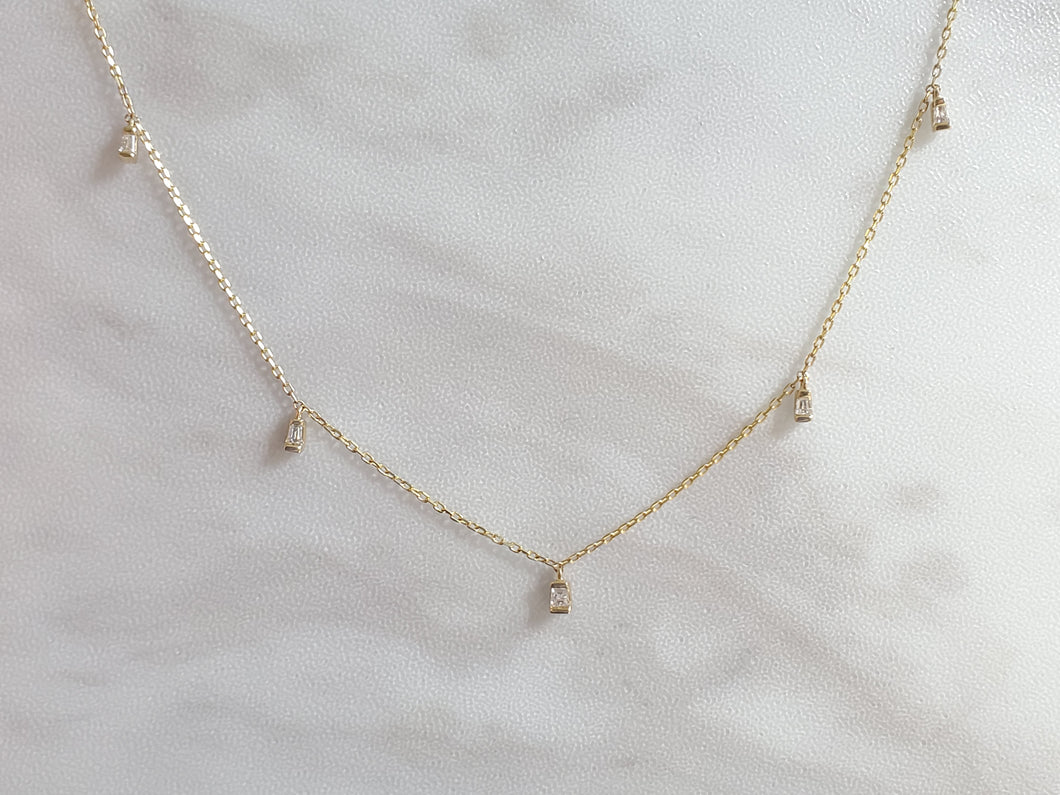 14k Yellow Gold Diamond Baguette Dangle Station Necklace (I9718)