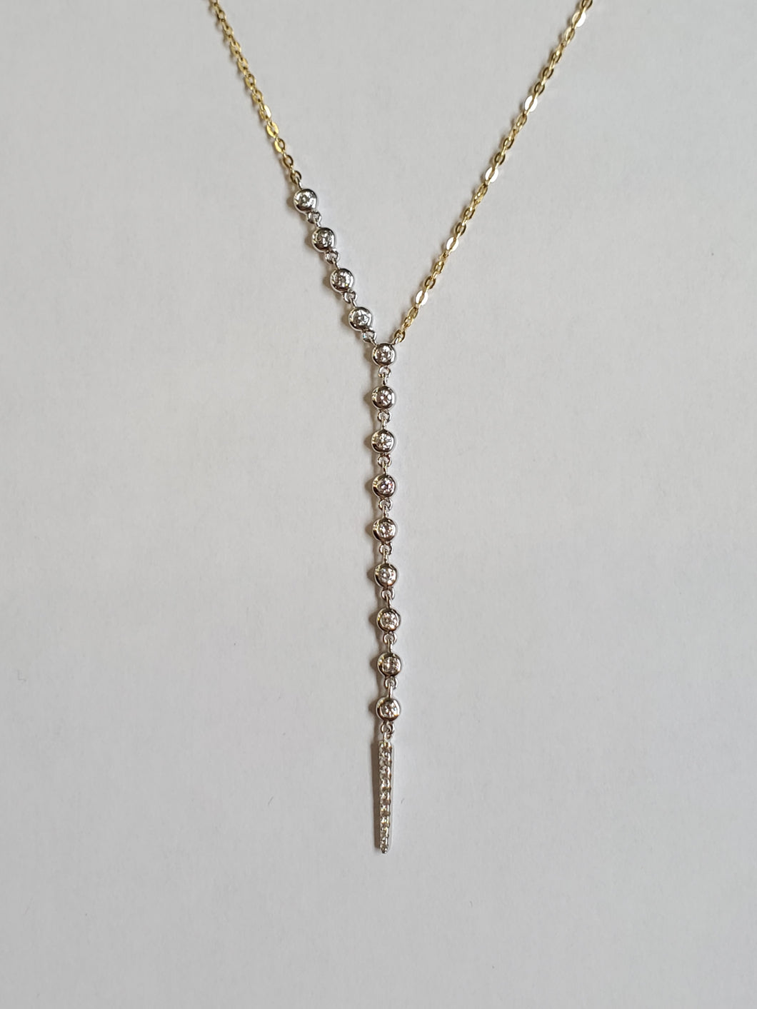 14k Yellow & White Gold Bezel Set Diamond Y Necklace w/ Pave Diamond Dangle Point (I9751)