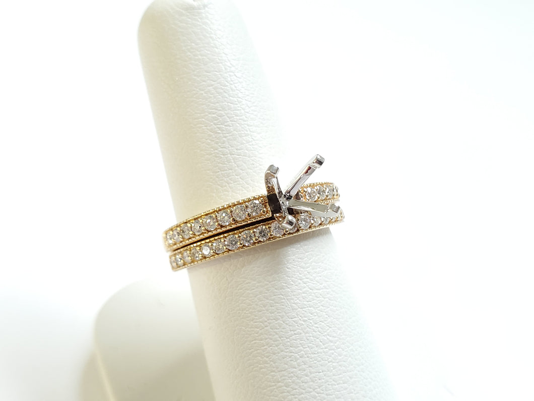 14k Yellow Gold w/ White Gold Head .50ctw Diamond Milgrain Edged Semi-Mounting & Wedding Band Set (I9818)