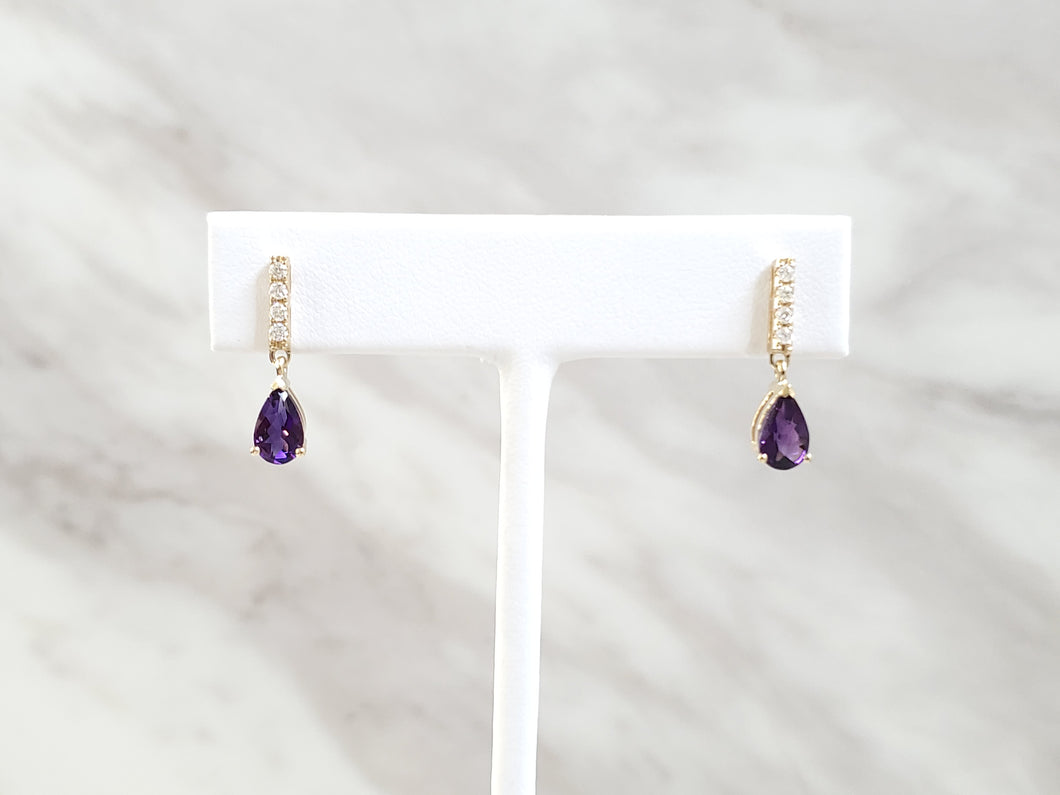 14k Yellow Gold Faceted Pear-Shaped Amethyst & Diamond Earrings (I9730)