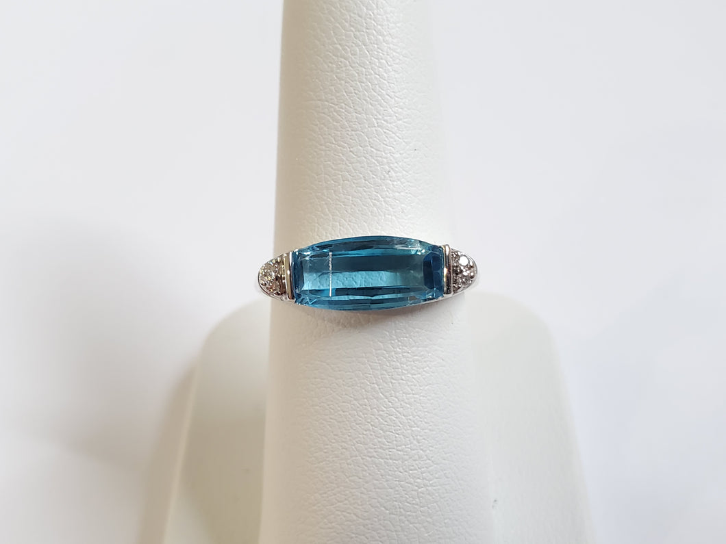 14k White Gold Horizontally Set Swiss Blue Topaz & Diamond Accent Ring (I9829)