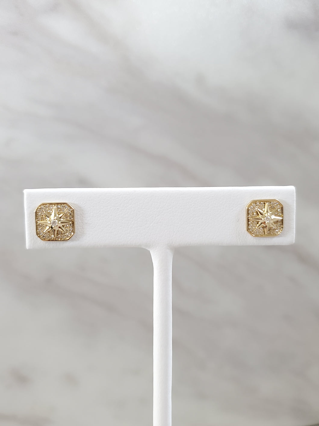 14k Yellow Gold Pave Diamond Square Star Journey Stud Earrings (I9748)