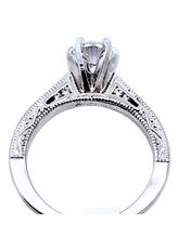 Load image into Gallery viewer, 14k White Gold Milgrain Edged Diamond Accent Band w/ 6-Prong Oval Cubic Zirconia Engagement Ring (I8038)
