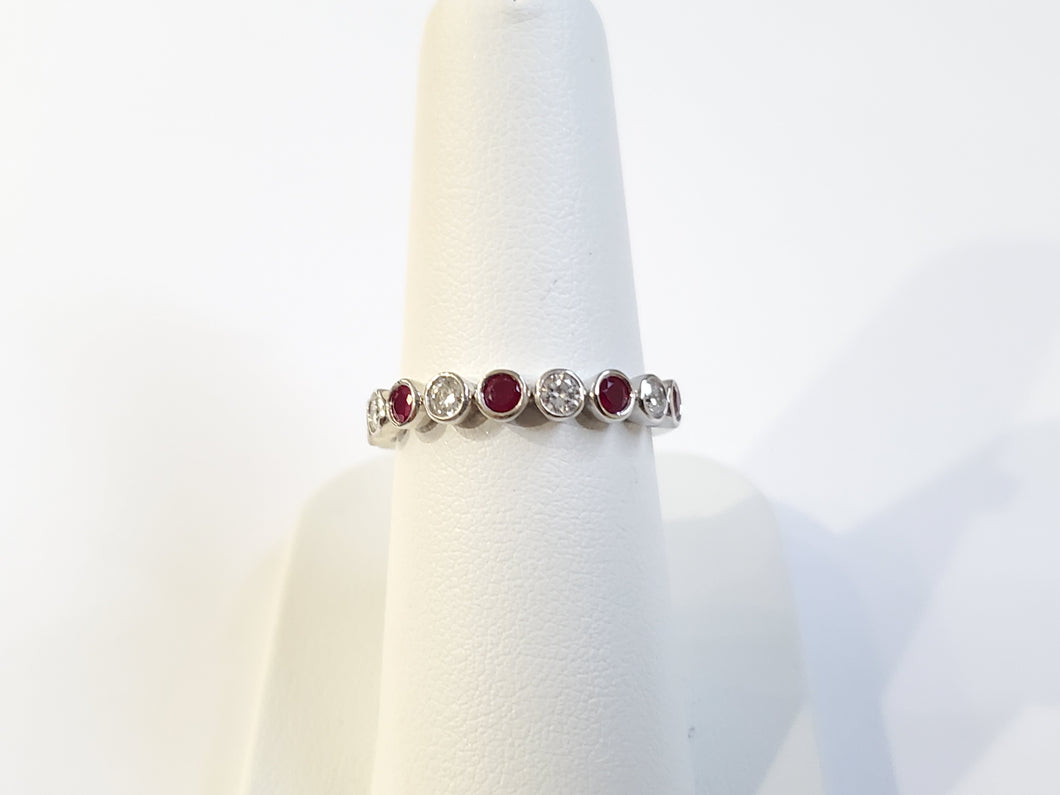 14k White Gold Alternating Bezel Set Ruby & Diamond Ring (I9831)