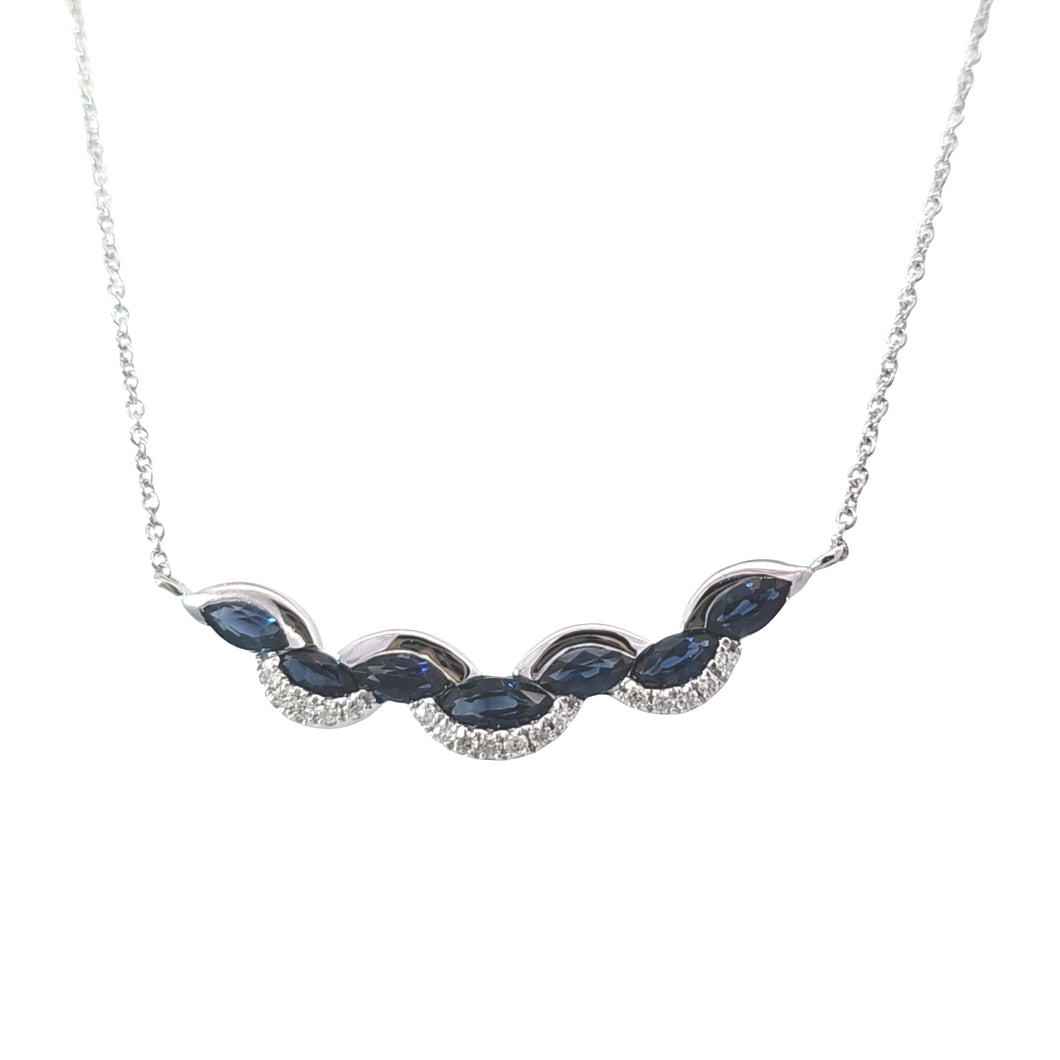 14k White Gold Sapphire & Pave Diamond Scalloped Edge Necklace (I9558)