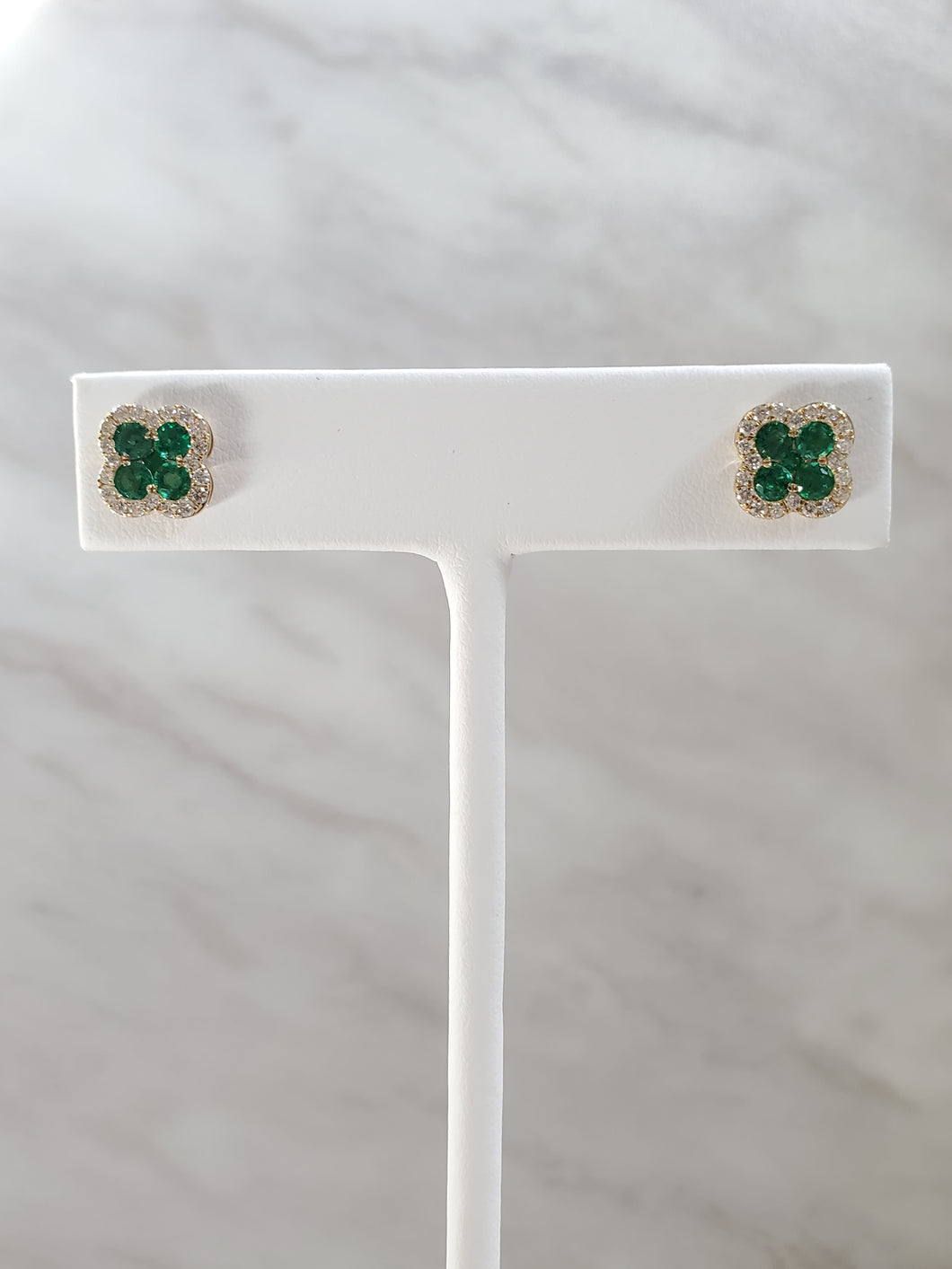 14k Yellow Gold Emerald & Diamond Clover Stud Earrings (I9719)