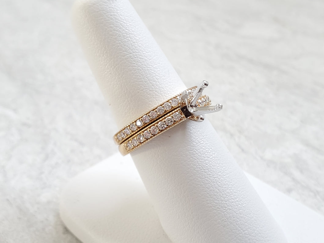 14k Yellow Gold Milgrain Edged .50ctw Diamond Wedding Band & Semi-Mounting Engagement Ring Set