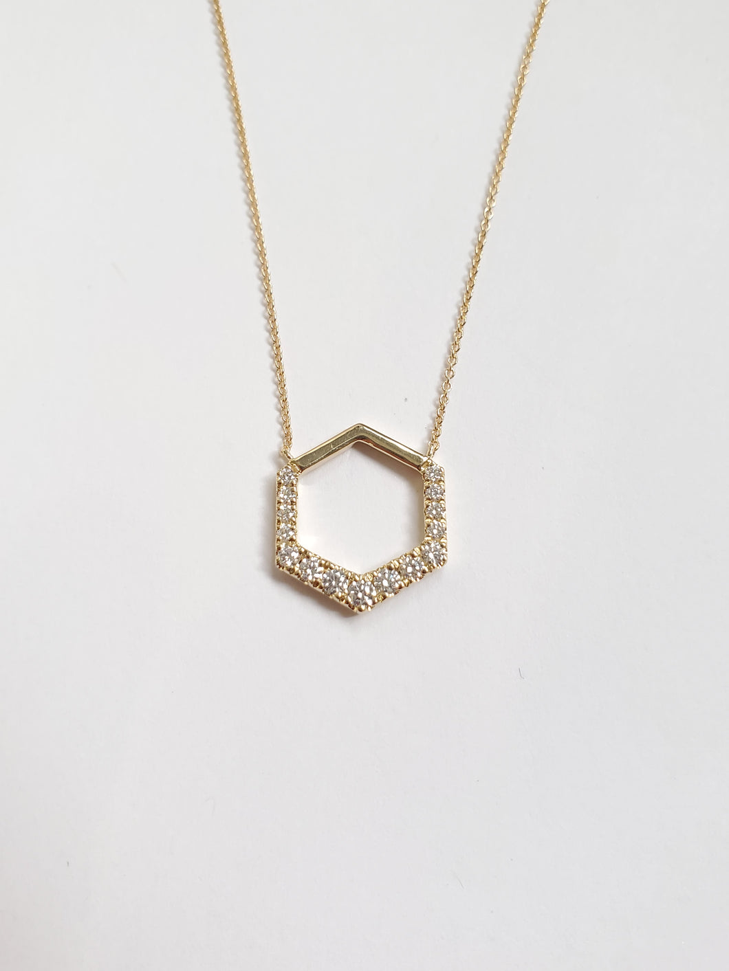 14k Yellow Gold Diamond Edged Negative Space Hexagon Necklace
