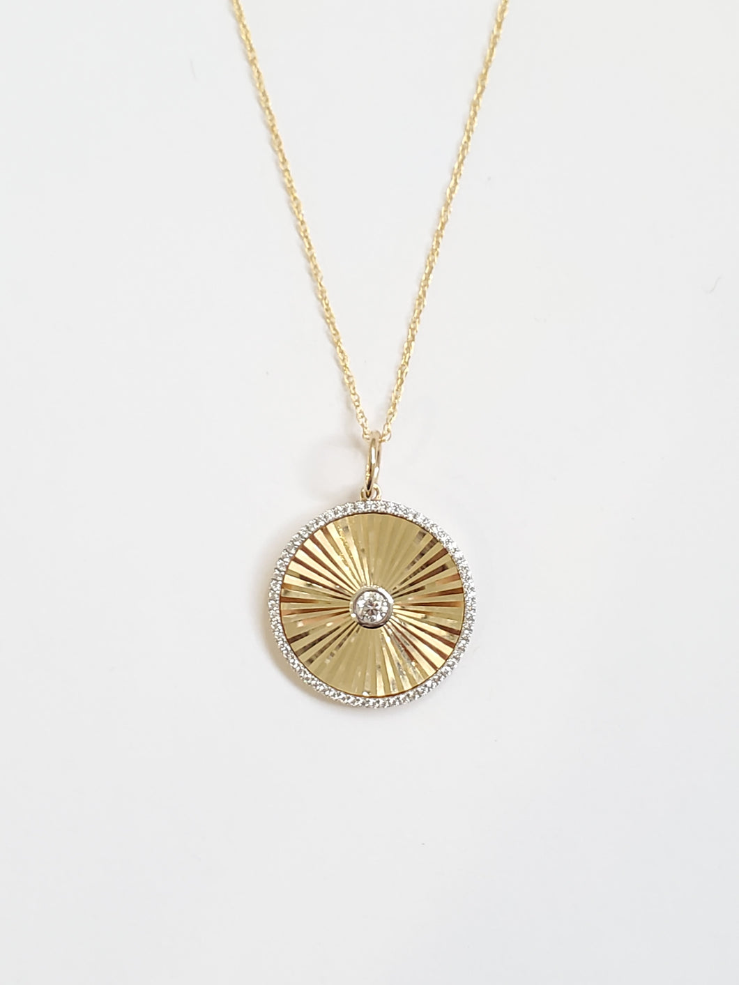 14k Yellow Gold High Polish Engraved Disc with Diamonds Pendant (I9770)