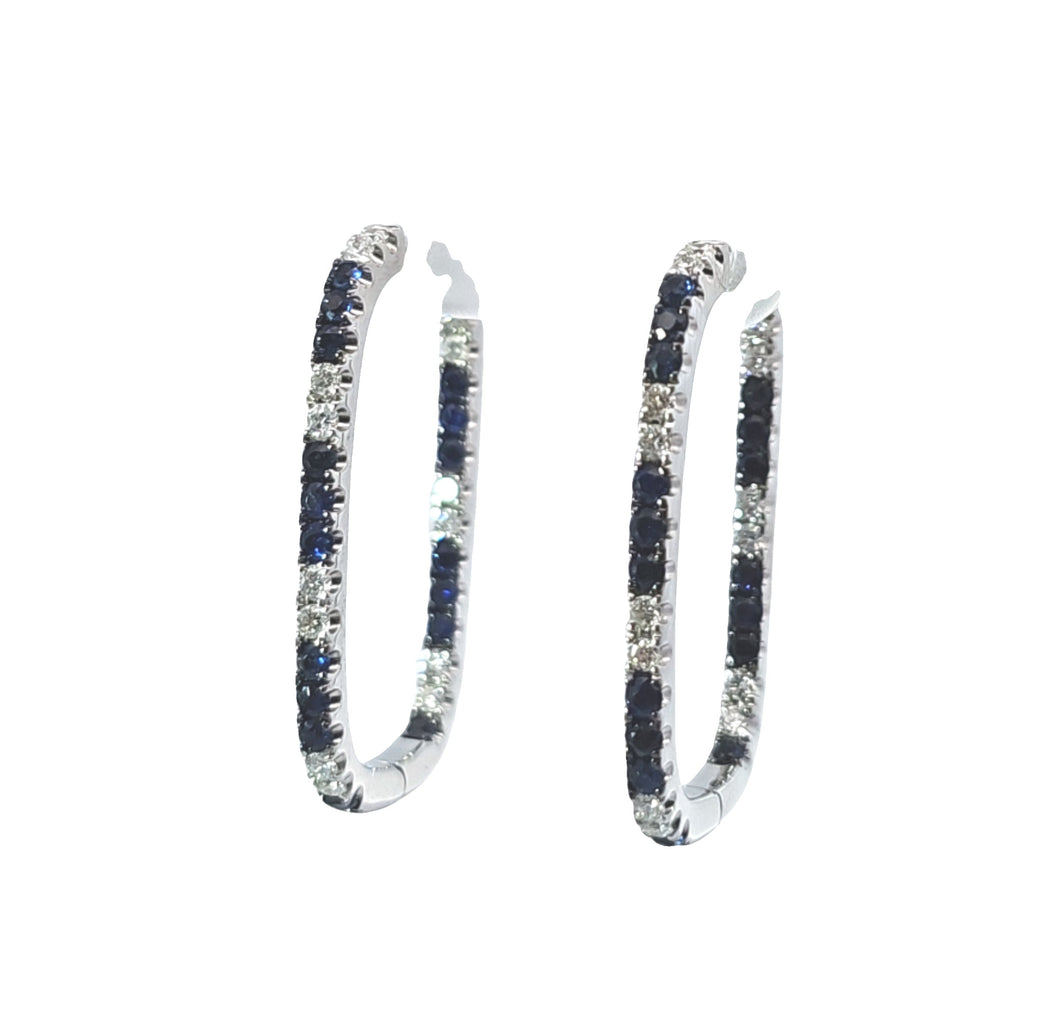 14k White Gold Diamonds & Sapphires Rectangle Inside Out Hoop Earrings (I9668)