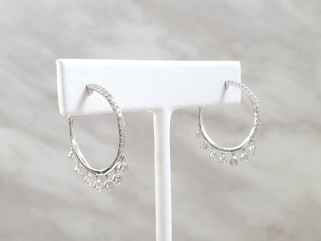 14k White Gold Bezel & Pave Diamond Hoop Dangle Earrings (I9808)
