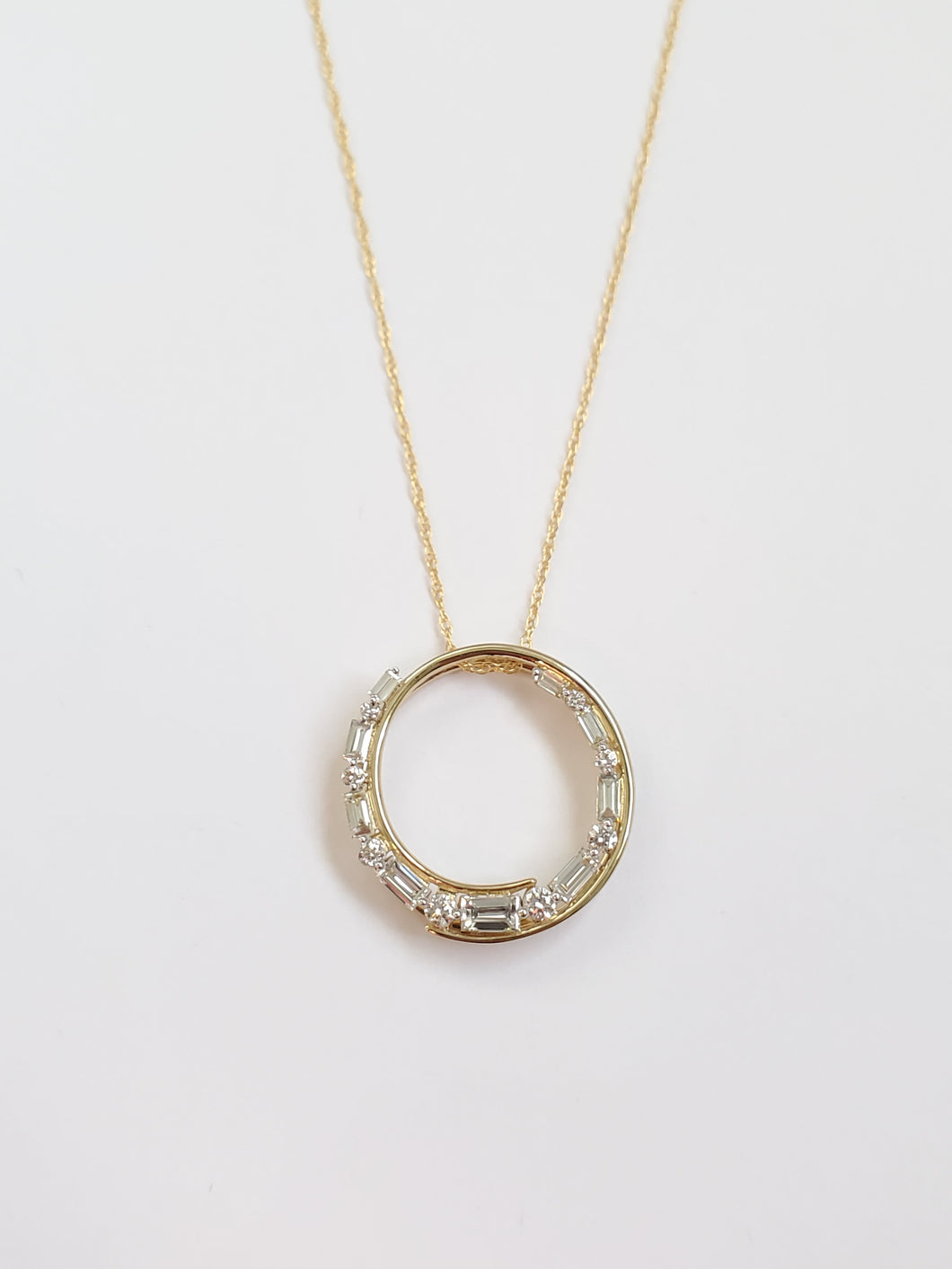 14k Two Tone Gold Graduating Baguette & Round Diamond Swirl Pendant (I9669)