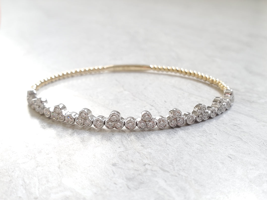 14k Two Tone Gold Beaded Bezel Diamond Milgrain Pods Flex Cuff Bracelet (I9677)