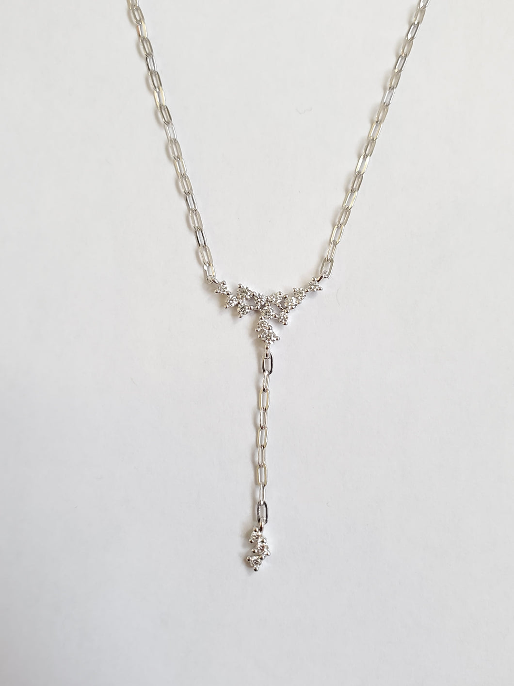 14k White Gold Scattered Diamond Paperclip Chain Drop Y Necklace (I9602)