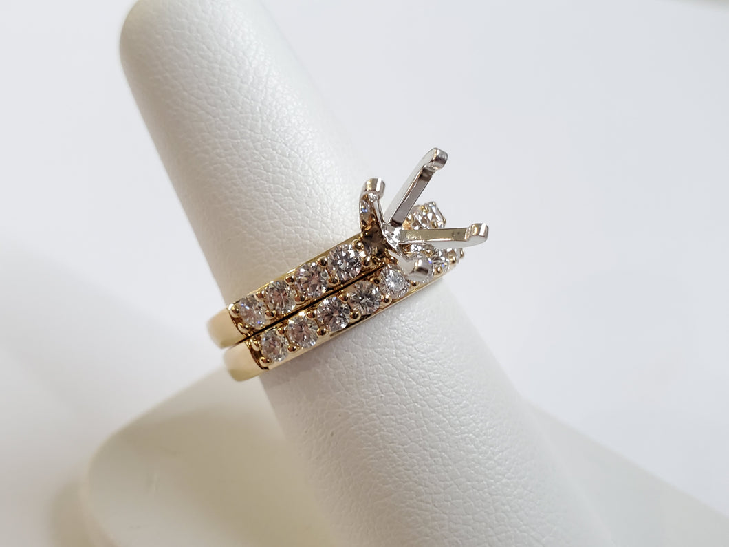 14k Yellow Gold w/ White Gold Head 1.12ctw Pave Diamond Semi-Mounting & Wedding Band Set (I9820)