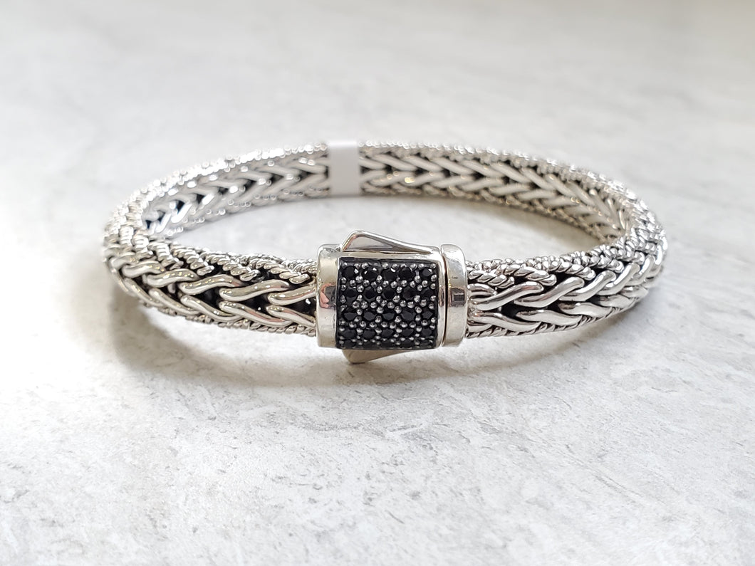 Sterling Silver Woven Black Sapphire Lock Bracelet (I9635)