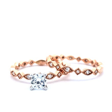 Load image into Gallery viewer, 14k Rose Gold Milgrain Edged Diamond Pod w/ 5mm Cubic Zirconia Center Stone Engagement Ring &amp; Wedding Band Set (I7051)
