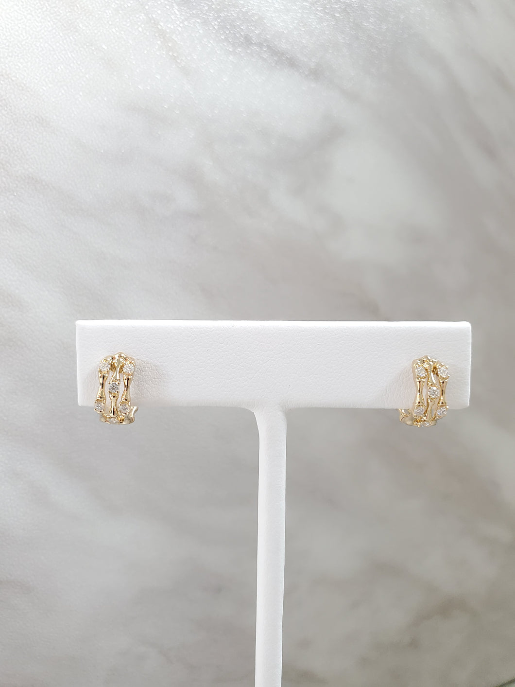 14k Gold Diamond Bamboo Huggie Hoop Earrings