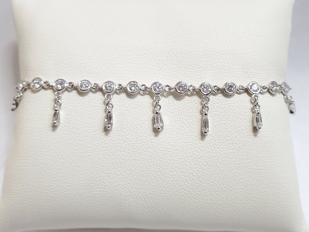 14k White Gold Bezel & Baguette Dangle Diamond Chain Bracelet (I9695)