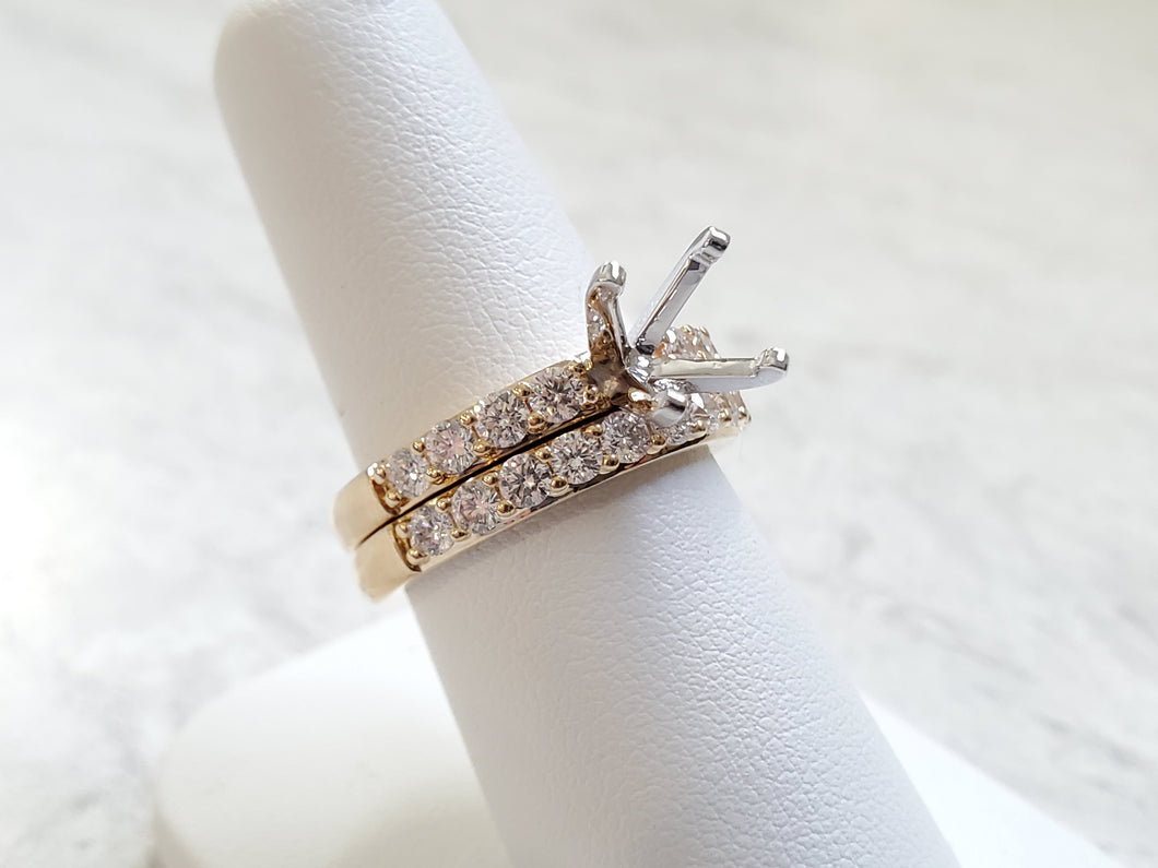 14k Yellow Gold 1.15ctw Diamond Wedding Band & Semi-Mounting Engagement Ring Set