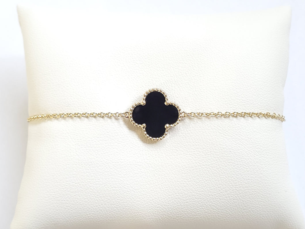14k Yellow Gold Black Onyx Clover Adjustable Bracelet (I9736)