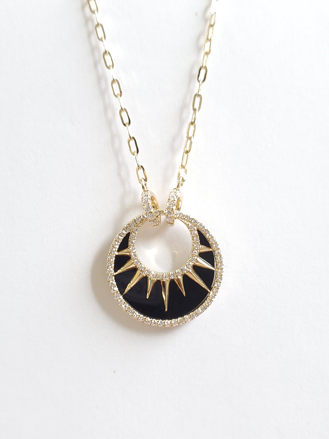 14k Yellow Gold Celestial Black Agate & Diamond Necklace (I9826)