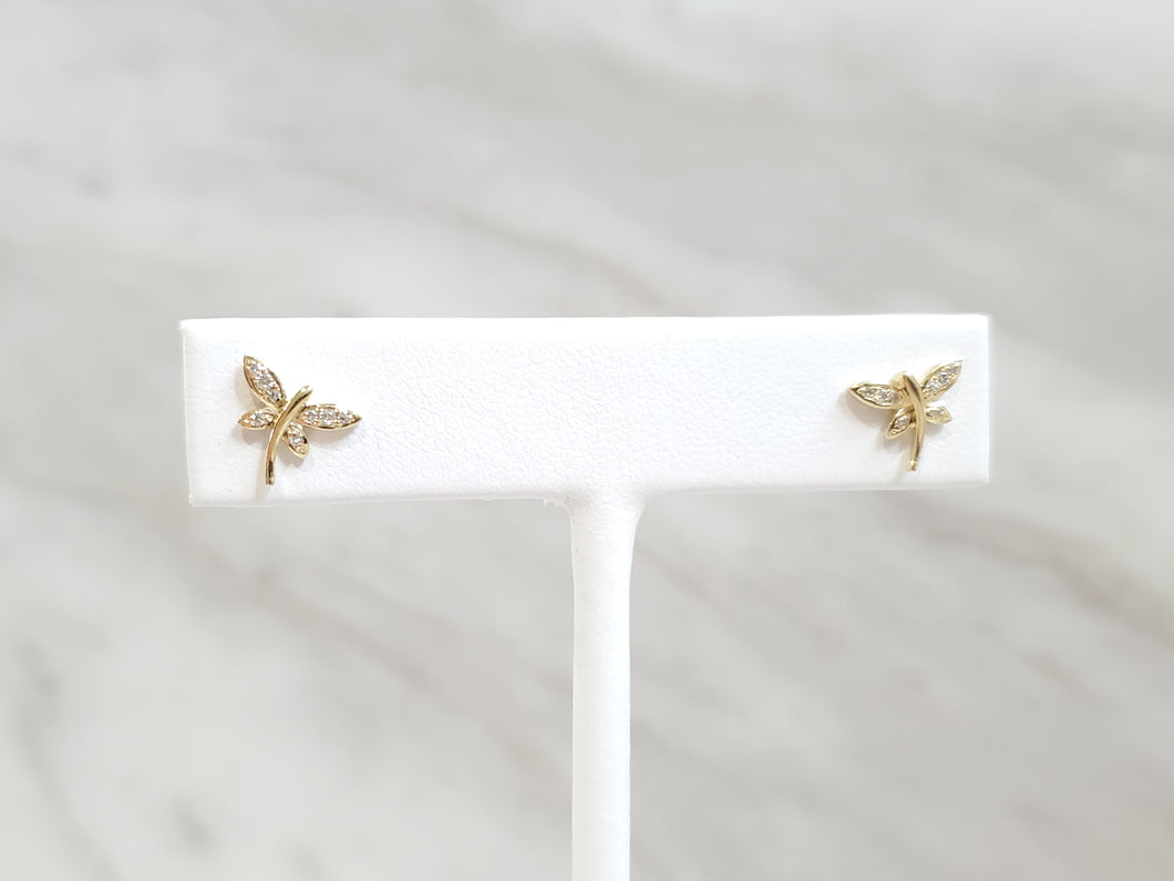 14k Yellow Gold Diamond Dragonfly Stud Earrings (I9714)