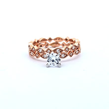 Load image into Gallery viewer, 14k Rose Gold Milgrain Edged Diamond Pod w/ 5mm Cubic Zirconia Center Stone Engagement Ring &amp; Wedding Band Set (I7051)
