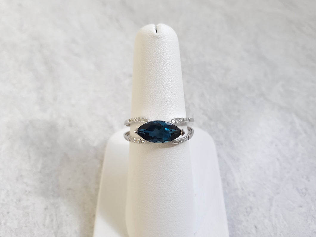 14k White Gold Marquise London Blue Topaz & Diamond Split Band Ring (I9734)