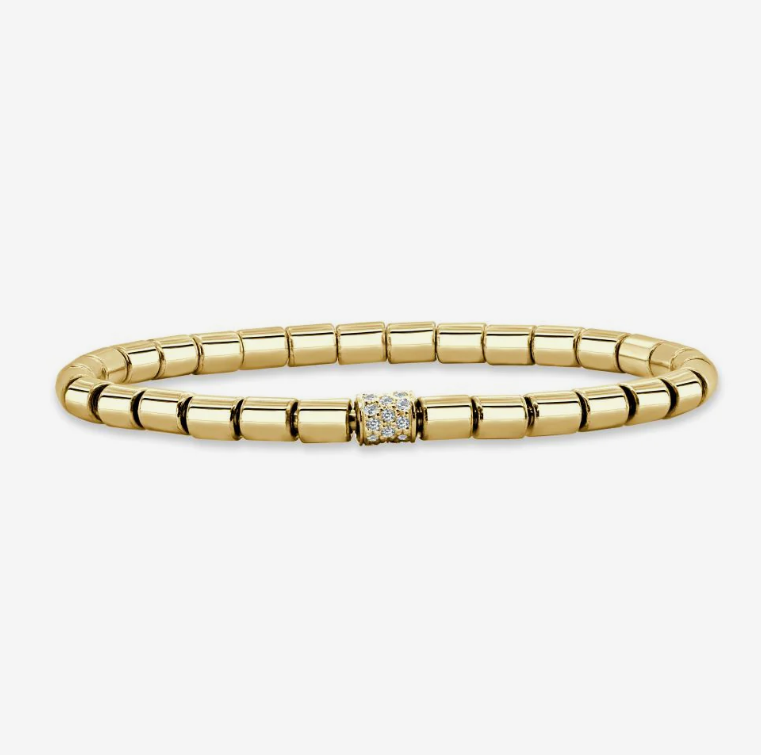 14k Yellow Gold 4mm Solid & Diamond Barrel Stretch Bracelet (I9125)