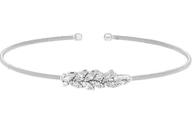 Kelly Waters Sterling Silver Rhodium Plated Simulated Diamond Leaf Cable Cuff Bracelet (SI8022)