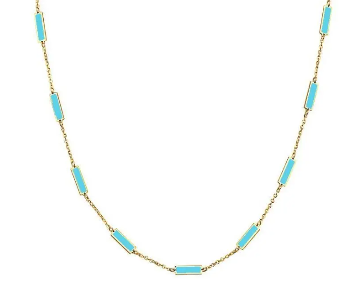 14k Yellow Gold Rectangle Turquoise Station Necklace (I8071)