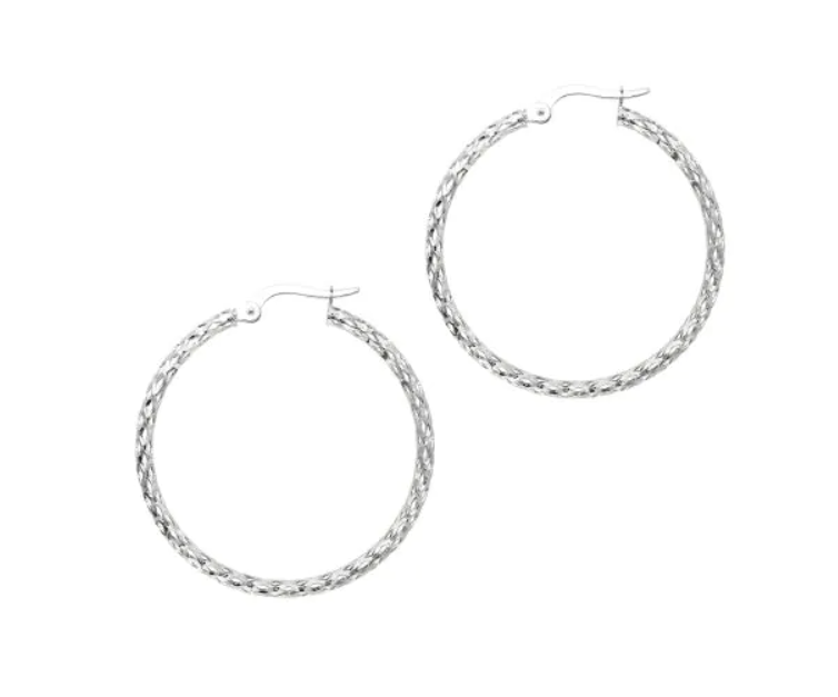 14k White Gold Sparkle Diamond Cut Hinged Hoop Earring (I7542)
