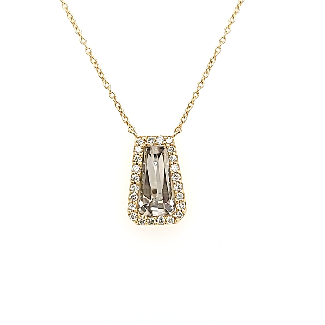 14k Yellow Gold White Quartz & Diamond Pendant Necklace (I5954)