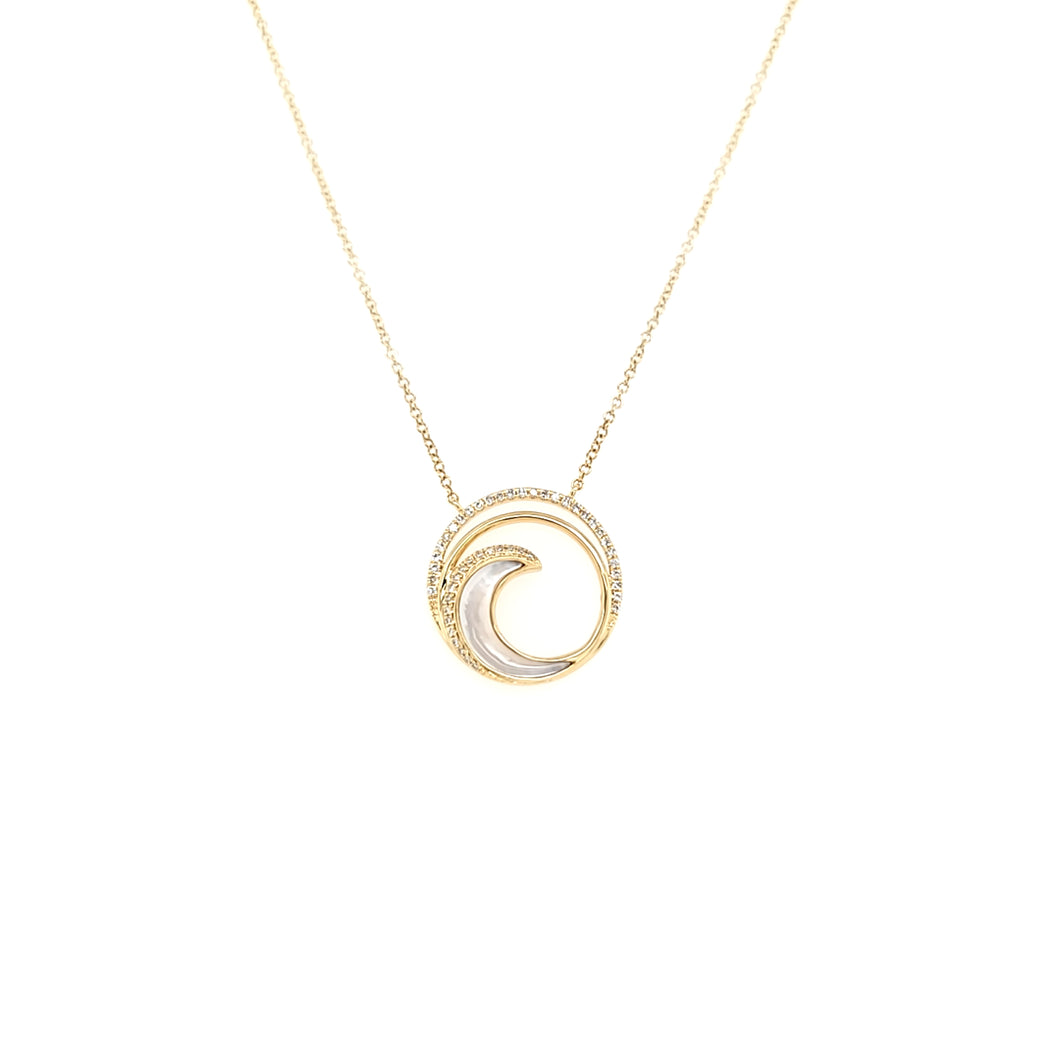 14k Yellow Gold Mother of Pearl & Diamond Swirl Necklace (I7597)
