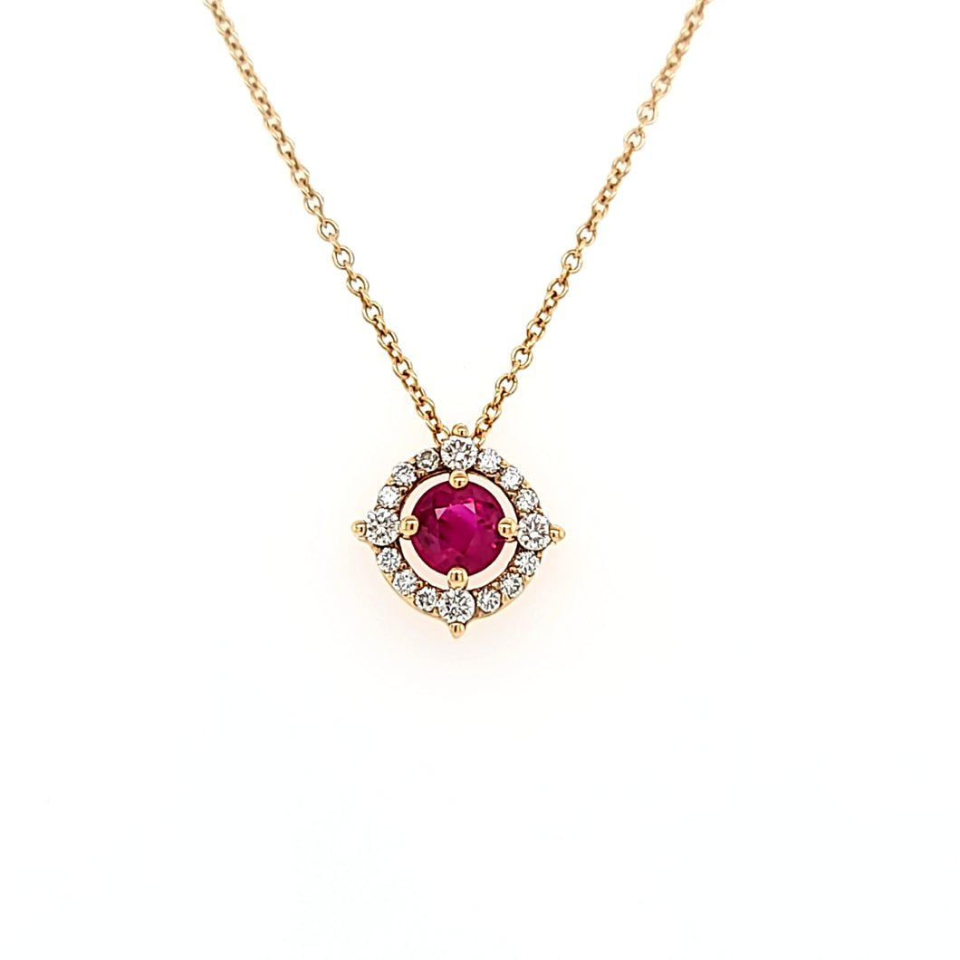 14k Yellow Gold Round Ruby & Diamond Necklace (I7518)