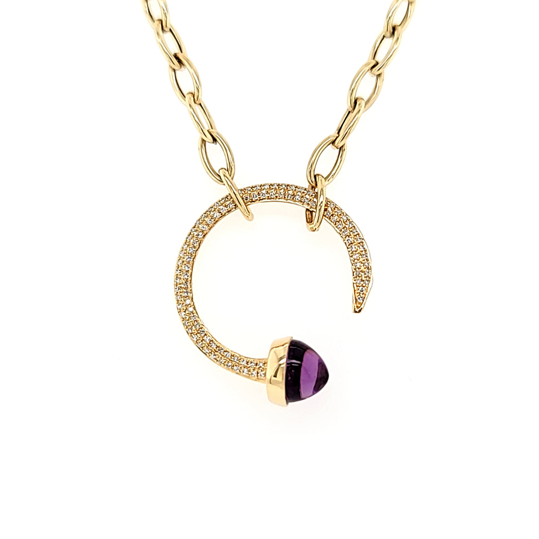 Yellow Gold Amethyst & Diamond Open Circle Necklace (I7208)