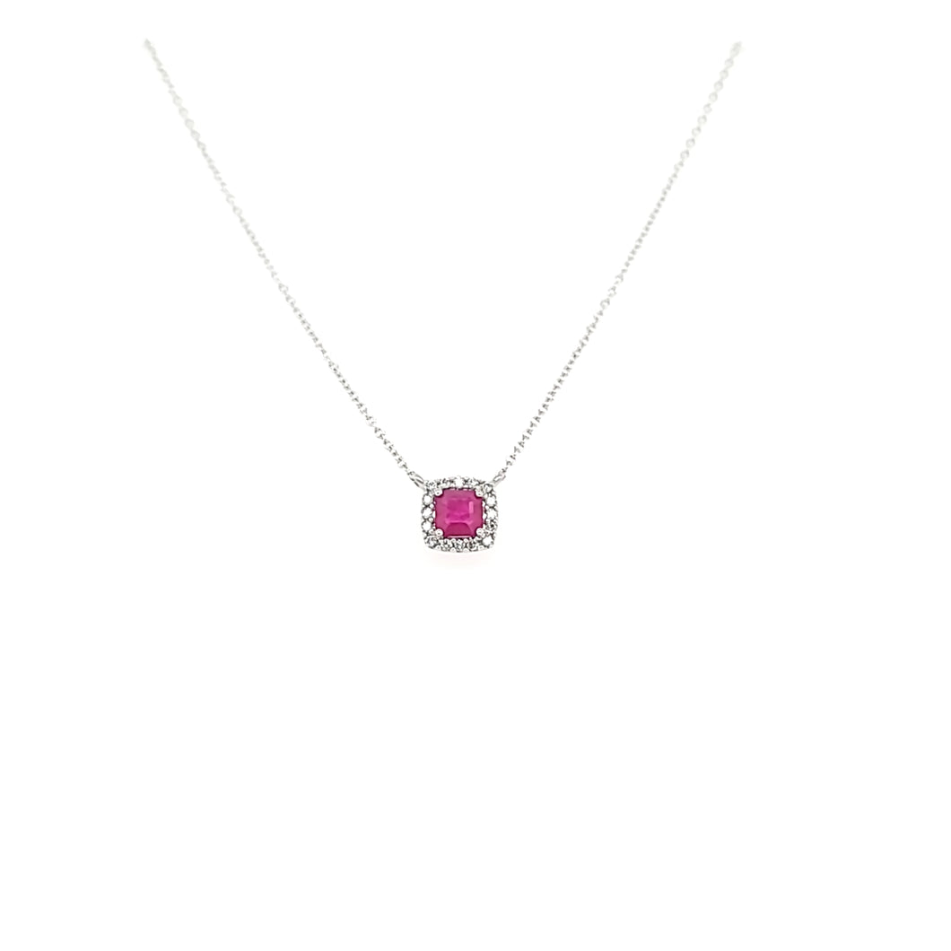 14k White Gold Ruby & Diamond Halo Necklace (I7427)