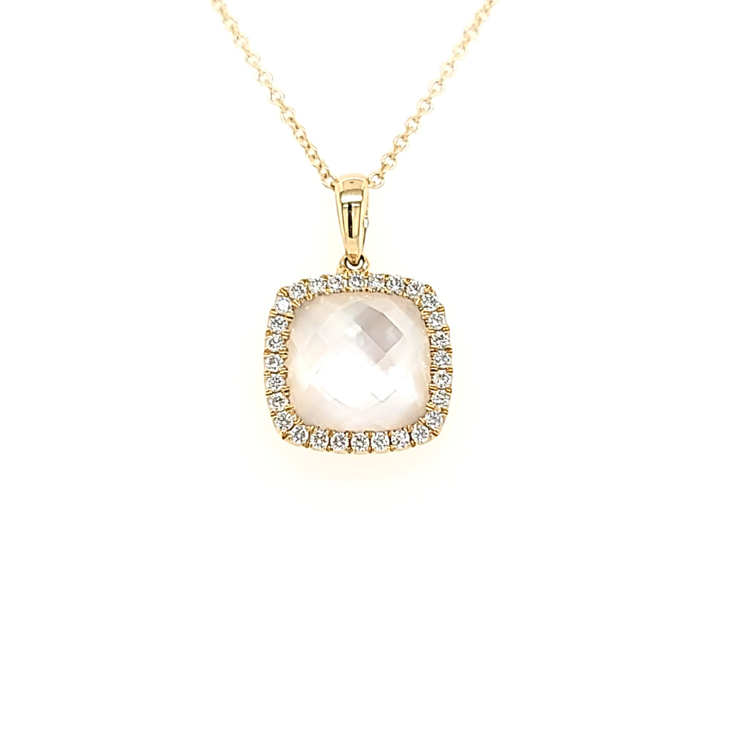 18k Yellow Gold Square Mother of Pearl & Diamond Necklace (I6635)