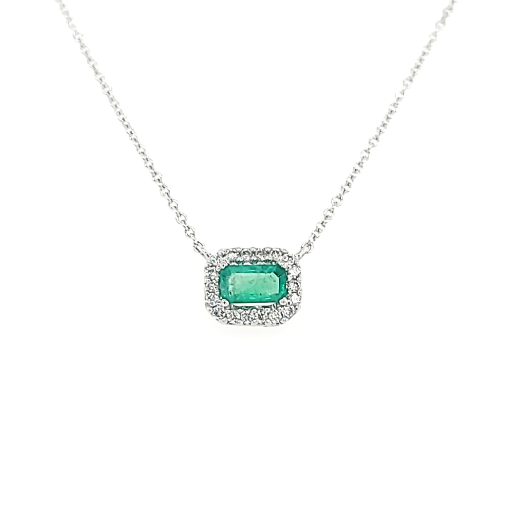 14k White Gold Emerald & Diamond Halo Necklace (I7624)