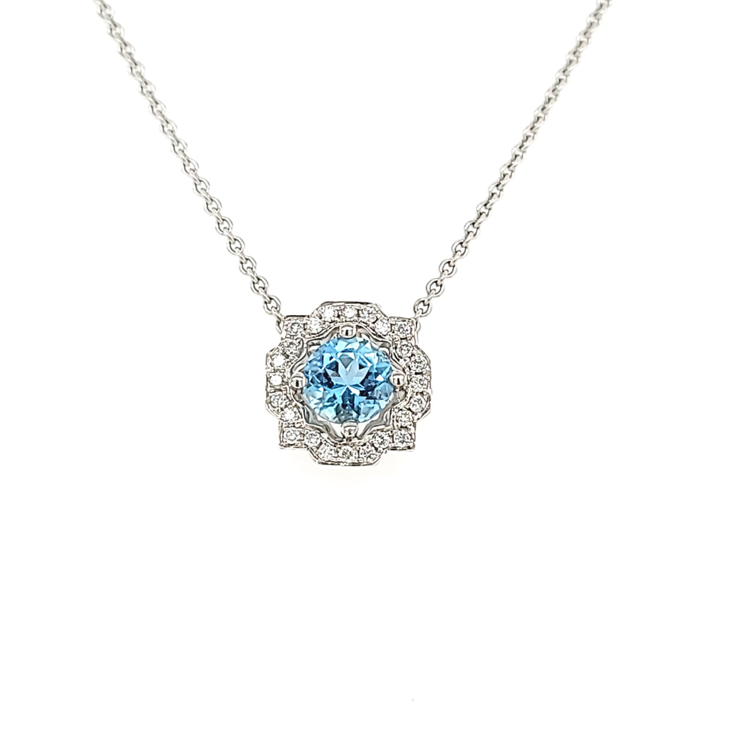 18k White Gold Aquamarine Halo Necklace (I3915)