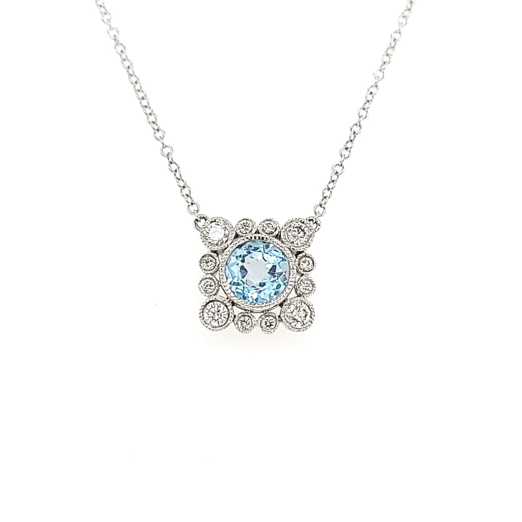 18k Bezel Set Diamond & Aquamarine Necklace (I3826)