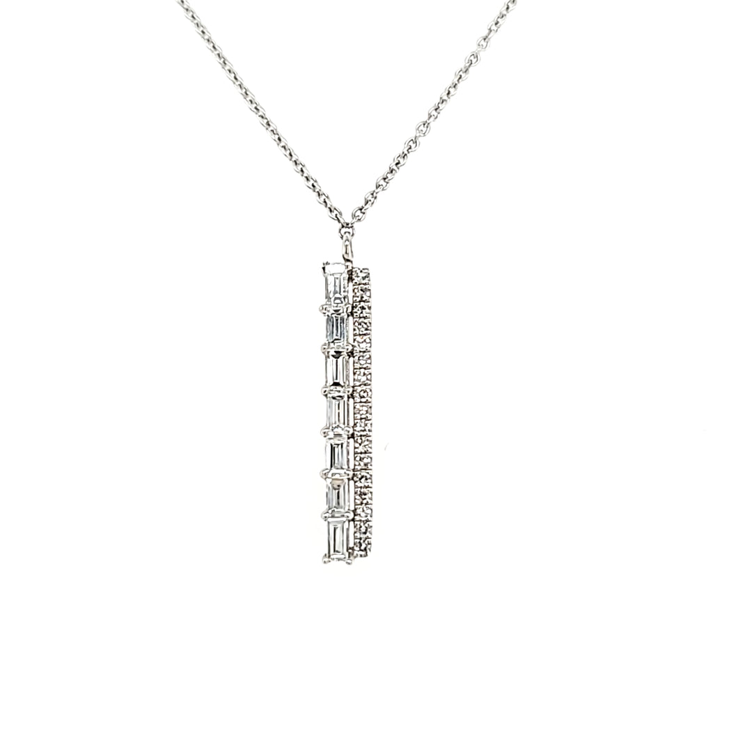 14k White Gold Baguette & Pave Diamond Bar Necklace (I5488)