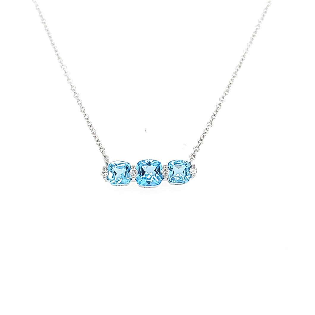 14k White Gold 3-Stone Blue Topaz & Diamond Necklace (I6550)